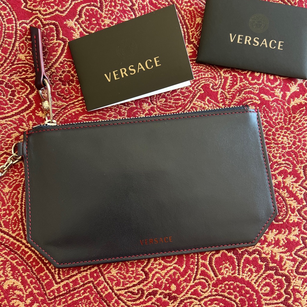 Brand New Versace Wallet Navy Leather Red Threads